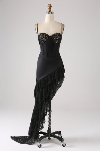 Asymmetrical Black Spaghetti Straps Prom Dress with Ruffles
