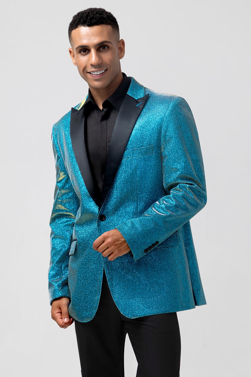 Zapaka Men Sparkly Peacock Blue 2 Pieces Men's Suits Peak Lapel One