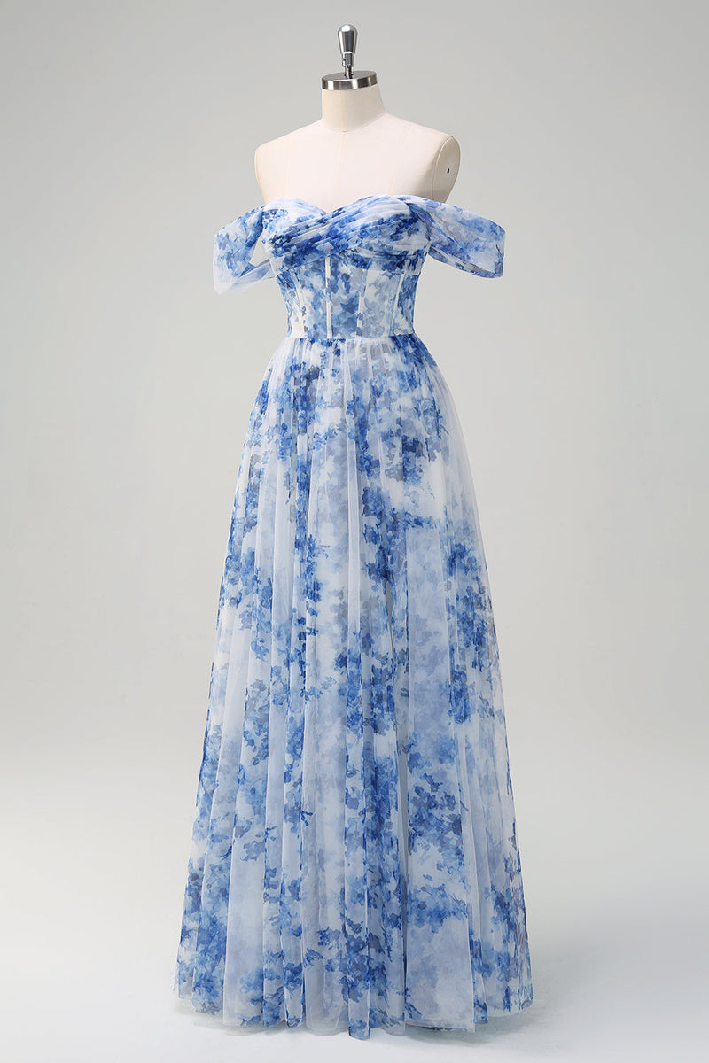 Zapaka Women White Blue Flower Prom Dress with Slit A-Line Off the