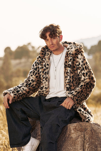 Zapaka Men's Coat Leopard Mid-Length Faux Fur Winter Jacket