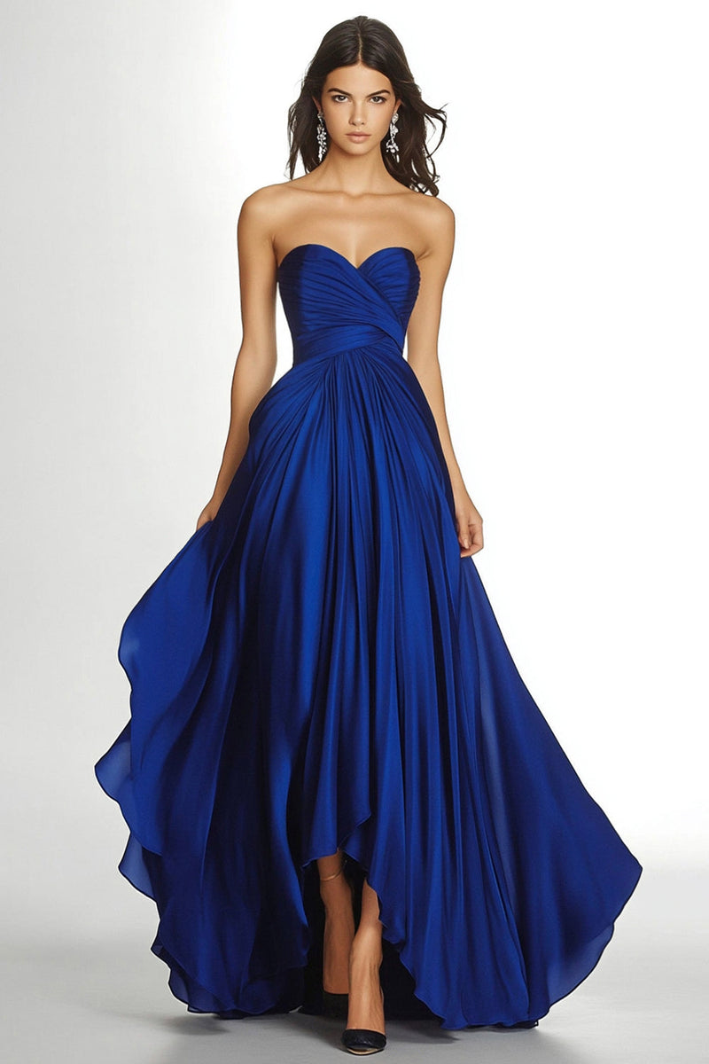 Zapaka Women Royal Blue Formal Dress Pleated Asymmetric Chiffon