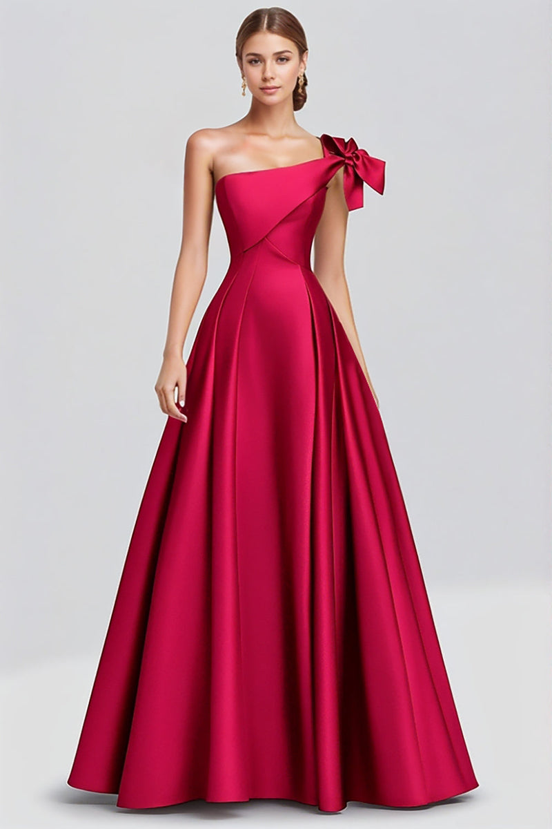 ZAPAKA Women Fuchsia Long Prom Dress ALine Bow One Shoulder Satin