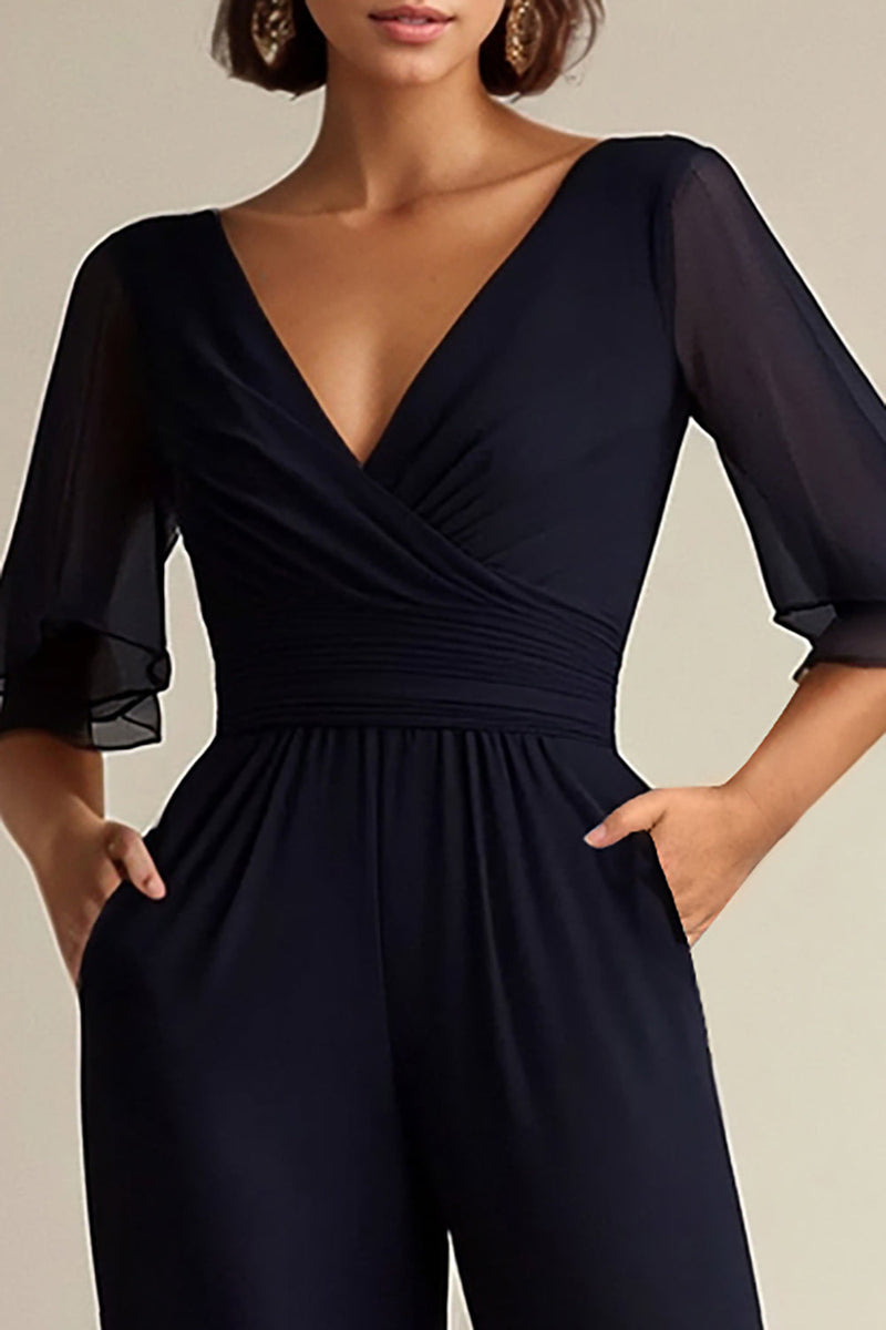 Zapaka Women Navy Formal Dress V-neck Half Sleeves Chiffon Mother Of 