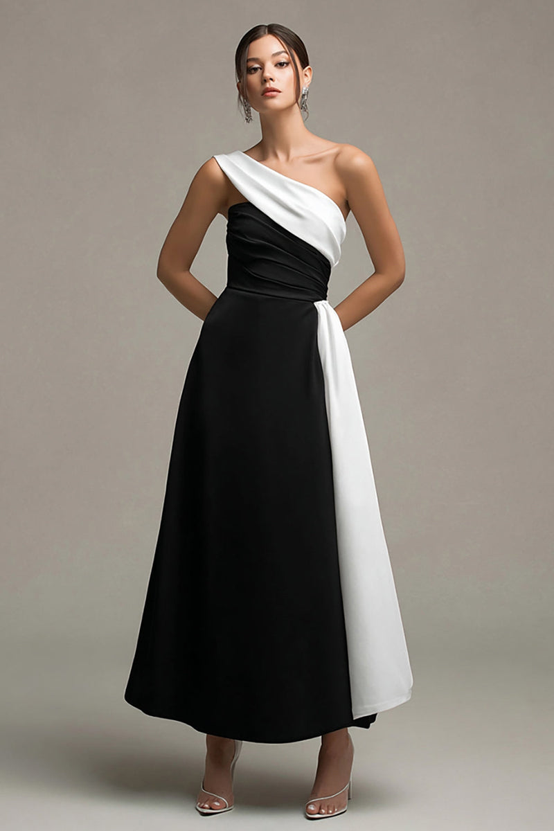 ZAPAKA Women Black White Formal Dress One Shoulder A Line Long Evening