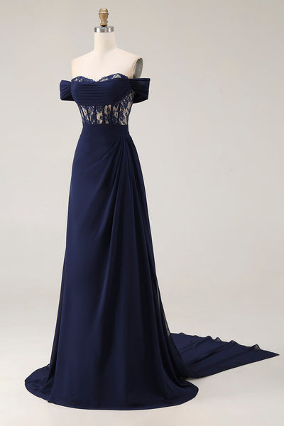 Zapaka Women Navy Long Prom Dress A-Line Off The Shoulder Corset Lace ...