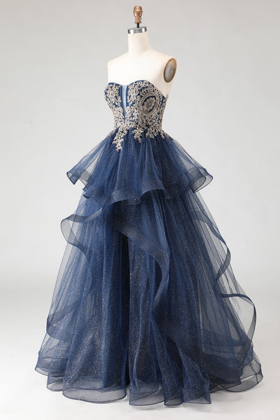 Zapaka Women Glitter Navy Long Prom Dress with Spiral Ruffles A Line ...