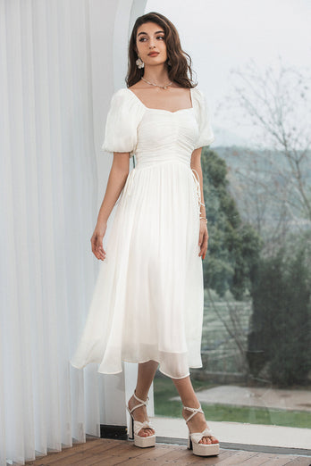 A Line White Graduation Dress with Puff Sleeves