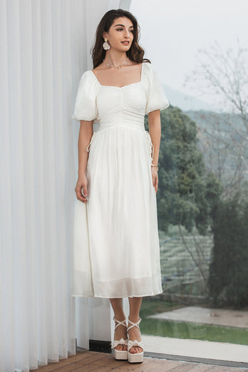 A Line White Graduation Dress with Puff Sleeves