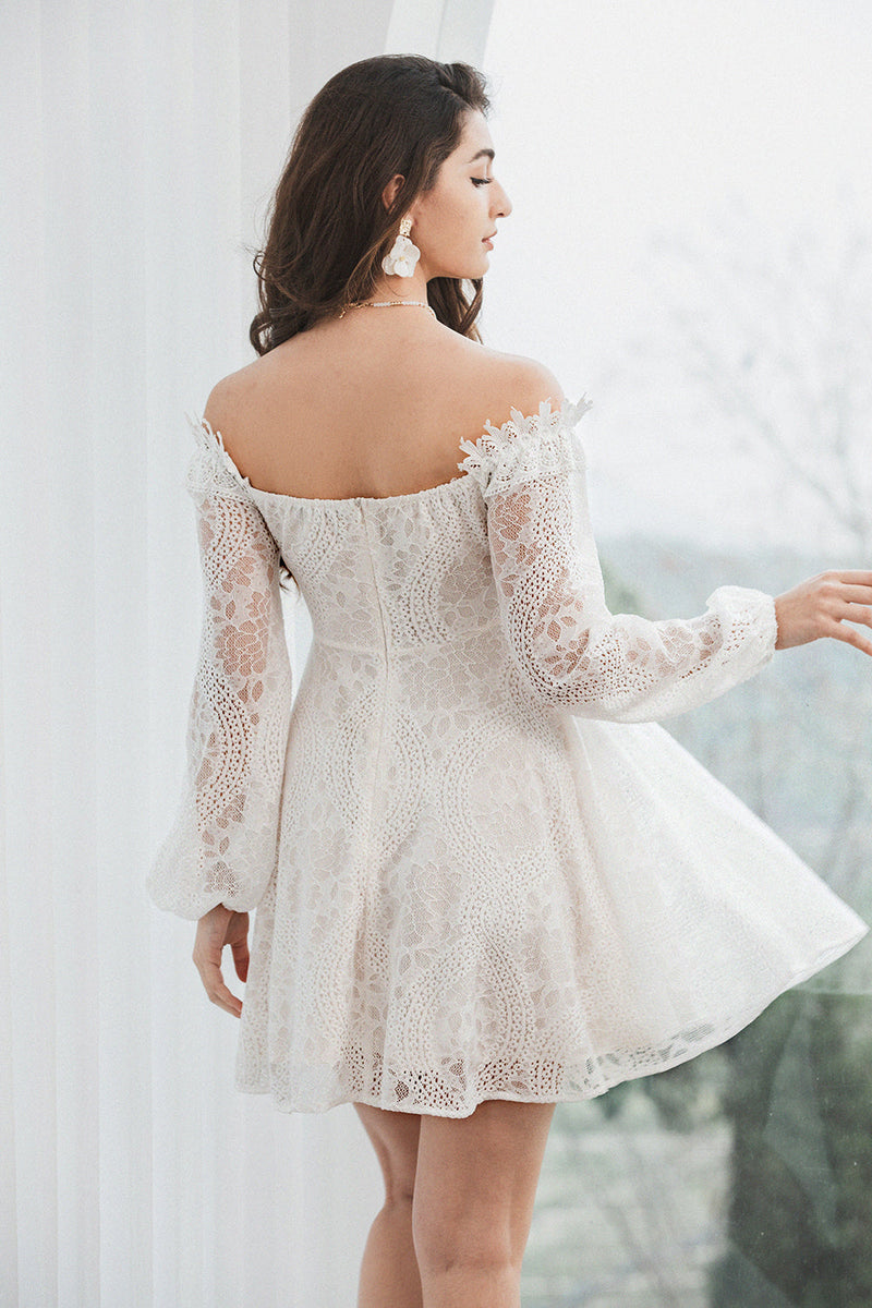 Load image into Gallery viewer, Off the Shoulder Lace White Graduation Dress with Long Sleeves
