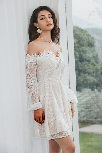 Off the Shoulder Lace White Graduation Dress with Long Sleeves