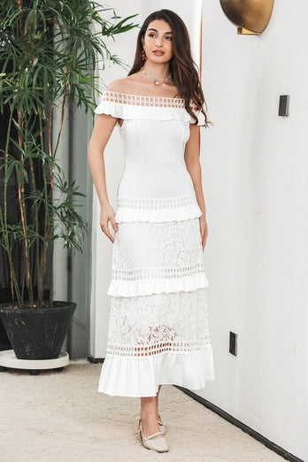 White Tiered Long Boho Graduation Dress with Lace