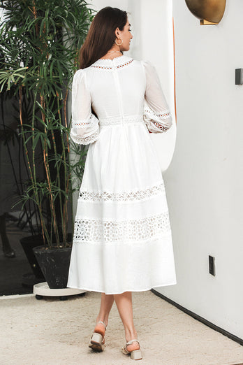 White 3/4 Sleeves Boho Modest Graduation Dress with Lace
