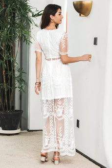 White Maxi Batwing Sleeves Graduation Dress with Lace