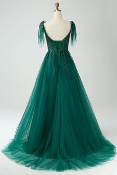Dark Green A-Line Spaghetti Straps Tulle Long Prom Dress with Beading