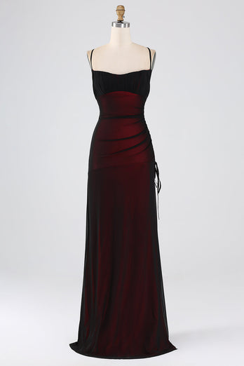 Sheath Spaghetti Straps Floor Length Black Red Bridesmaid Dress
