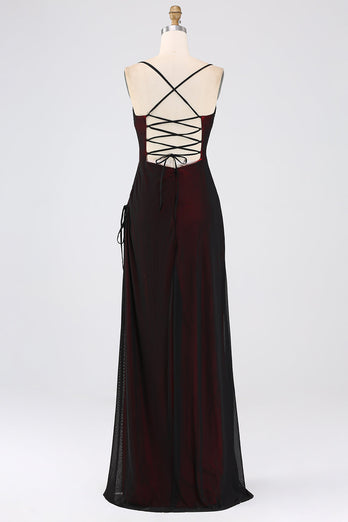 Sheath Spaghetti Straps Floor Length Black Red Bridesmaid Dress