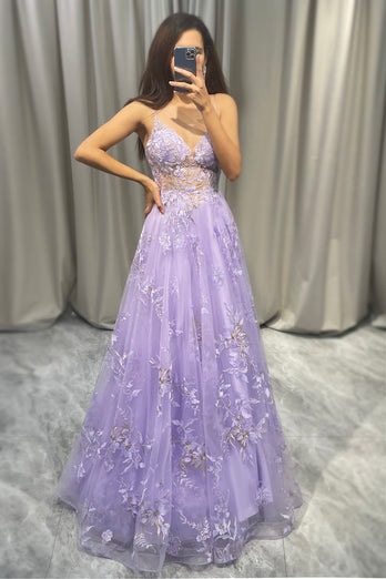 Lavender A-line Princess Tulle Prom Dress with Appliques