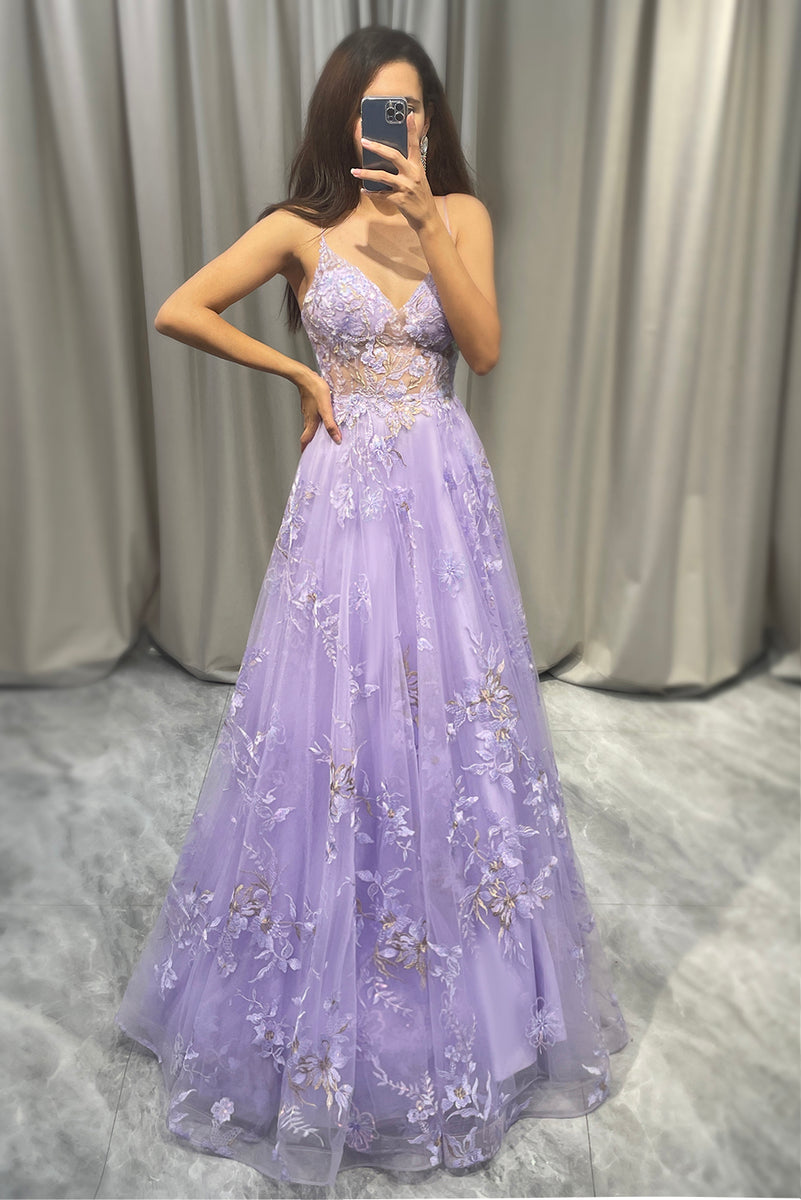Load image into Gallery viewer, Lavender A-line Princess Tulle Prom Dress with Appliques