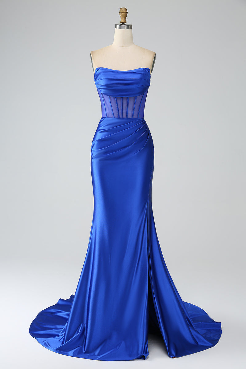 Royal Blue Long Satin Lace-up A-line Prom Dress, Royal Blue Wedding Party Dress