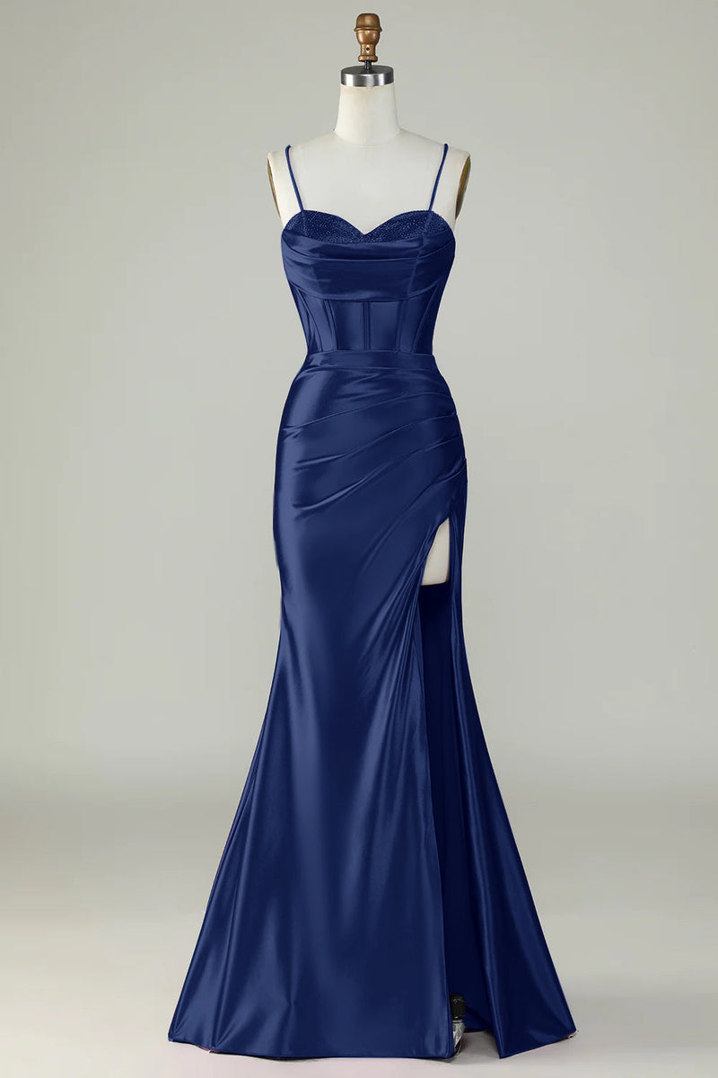 Zapaka Women Navy Satin Corset Prom Dress Spaghetti Straps Sparkly