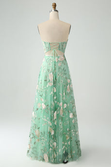 Green A Line Sweetheart Strapless Printed Corset Prom Dress with Slit