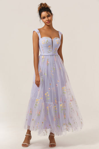 A Line Sweetheart Champagne Long Prom Dress with Embroidery