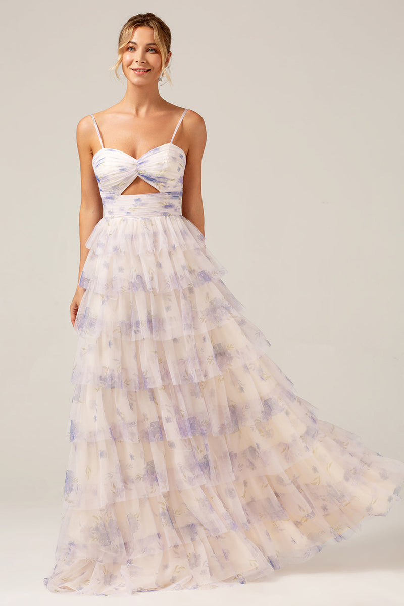 Load image into Gallery viewer, Lavender Flower Princess Spaghetti Straps Tiered Prom Dress with Pleated