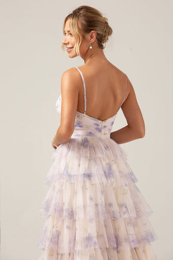 Lavender Flower Princess Spaghetti Straps Tiered Prom Dress with Pleated