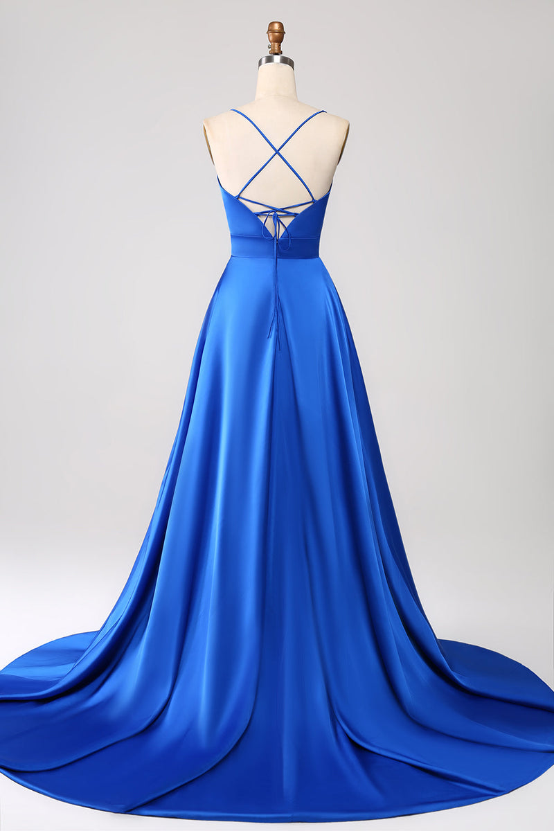 Cicinia Royal Blue Prom Dresses Long Soft Satin Slit Strapless Evening Dress main image 1