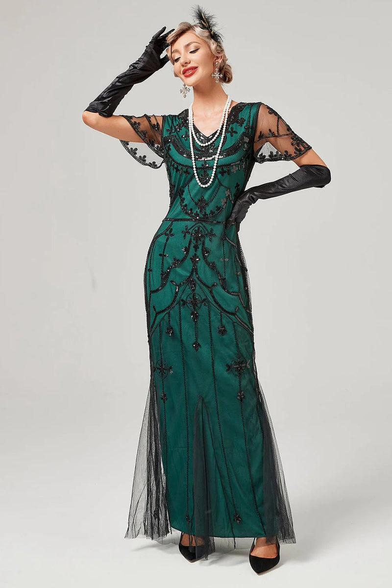 Load image into Gallery viewer, Black Beaded Long Flapper Dress with 1920s Accessories Set