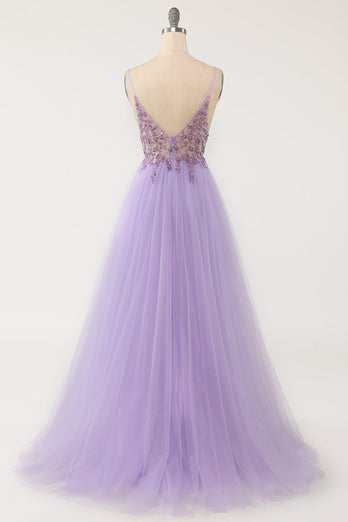 Lavender Tulle A-line Prom Dress with Beading