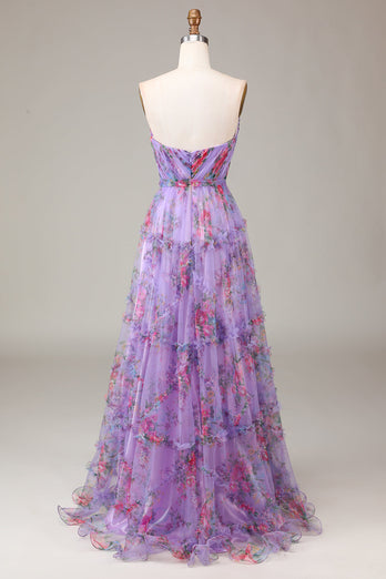 Purple Sweetheart Printed A-Line Prom Dress