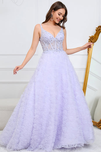 A Line V Neck Purple Long Prom Dress with 3D Flowers