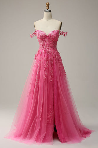 A Line Off the Shoulder Hot Pink Long Prom Dress with Appliques