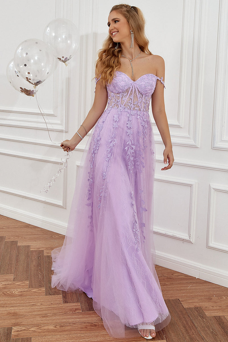 Zapaka Women Purple ALine Long Prom Dress with Slit Off the Shoulder