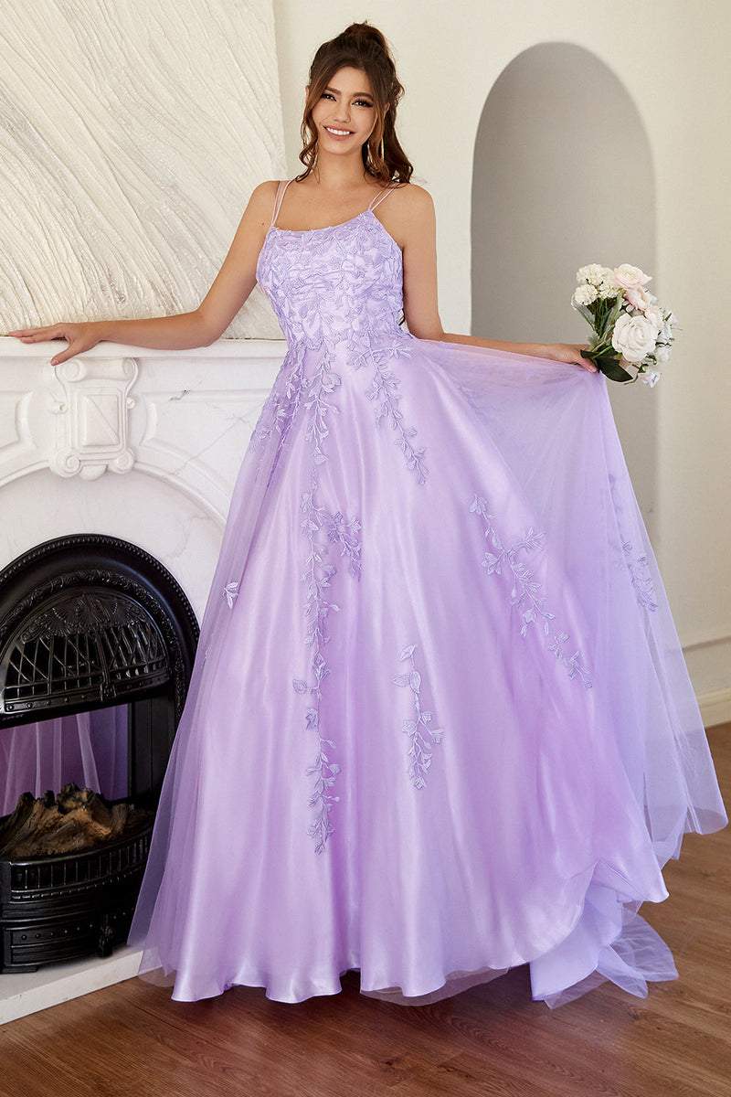 Purple Tulle Beaded Long Prom Dress, V Neck Spaghetti Strap Evening Dress US 2 / Purple