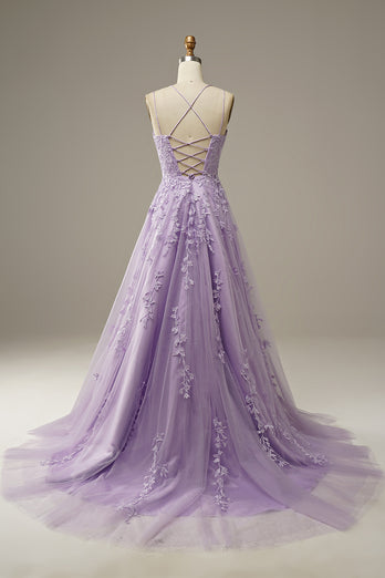Purple Tulle Prom Dress with Appliques