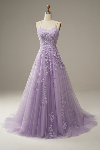 Purple Tulle Prom Dress with Appliques
