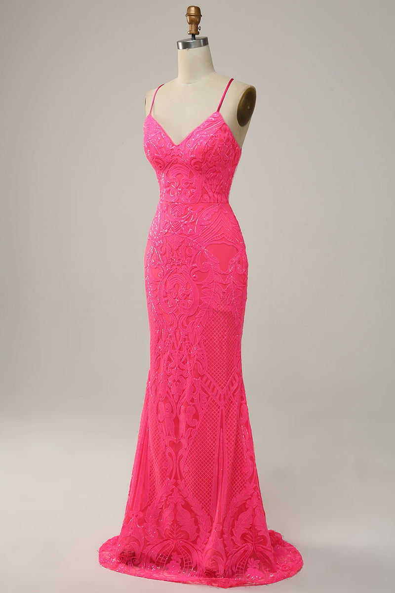 Neon Pink Floral Lace V-Neck Mermaid Long Formal Dress with Slit