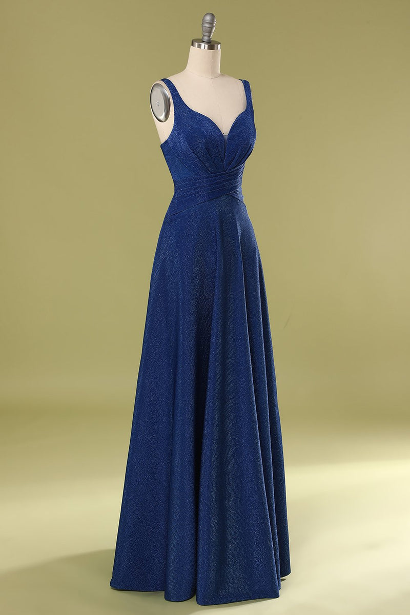 Zapaka Prom Dress Royal Blue V Neck Sleeveless Ruched Backless