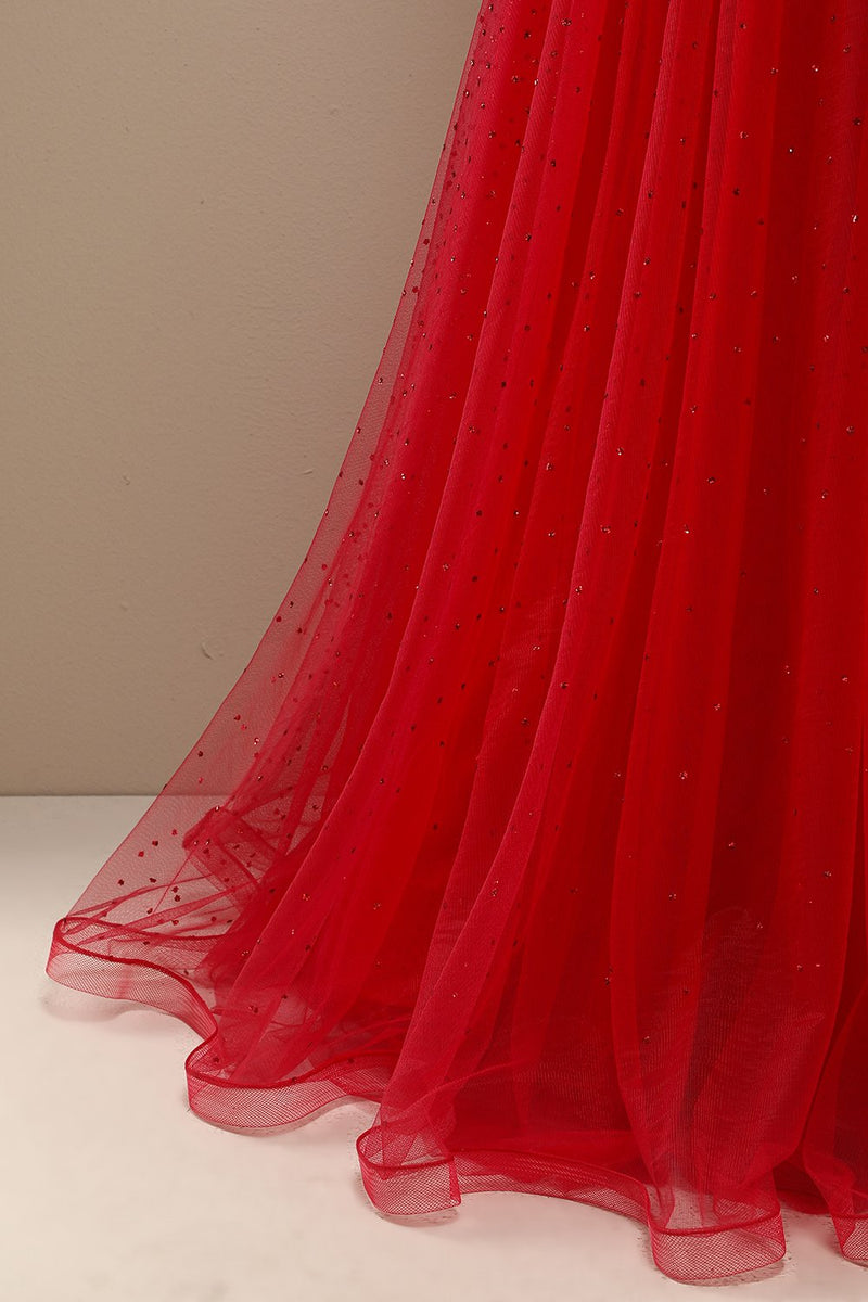 Zapaka UK Prom Dress A-Line Beading Tulle Red Spaghetti Straps Sweetheart Long Party Dress, UK32