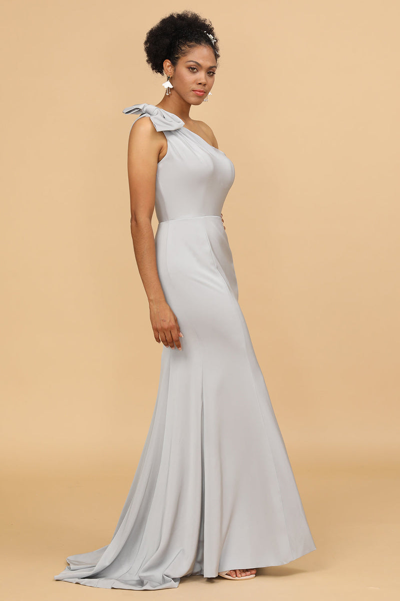 Zapaka Women Bridesmaid Dress Grey Satin One Shoulder Mermaid