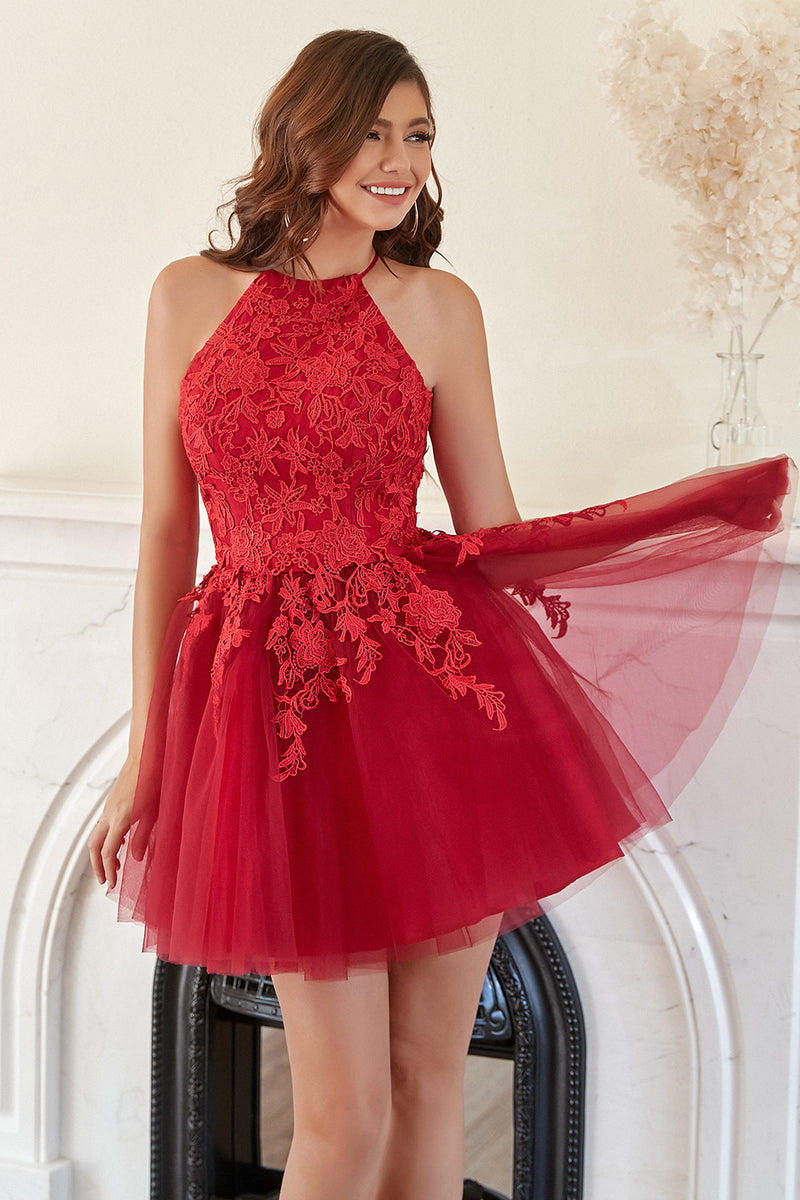Load image into Gallery viewer, A Line Halter Red Short Homecoming Dress with Appliques