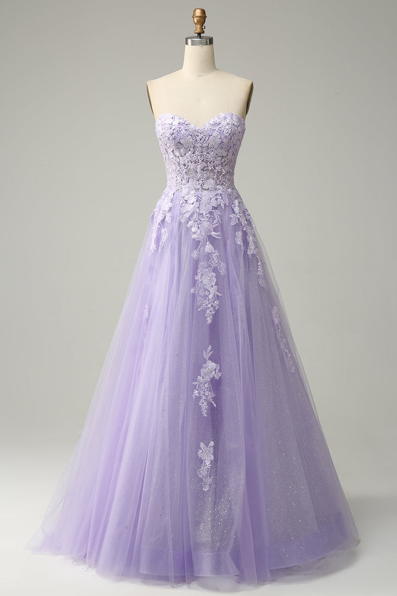 A Line Spaghetti Straps Lilac Corset Prom Dress with Appliques