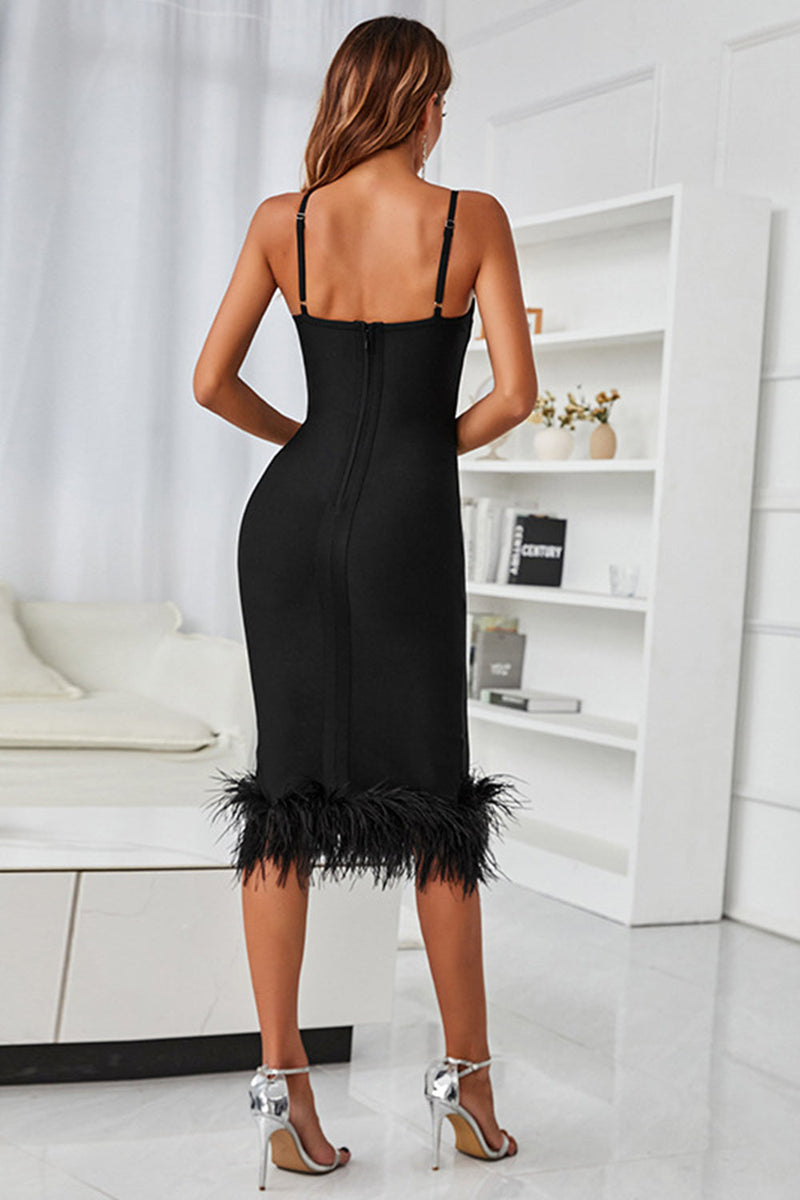 Feather trim hotsell black dress