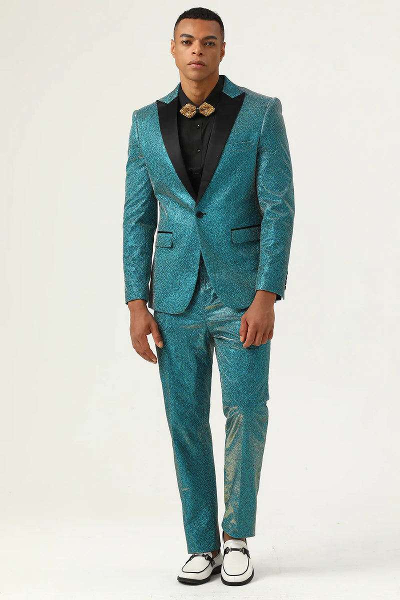 Zapaka Glitter Peacock Blue Peak Lapel One Button 2 Piece Men's