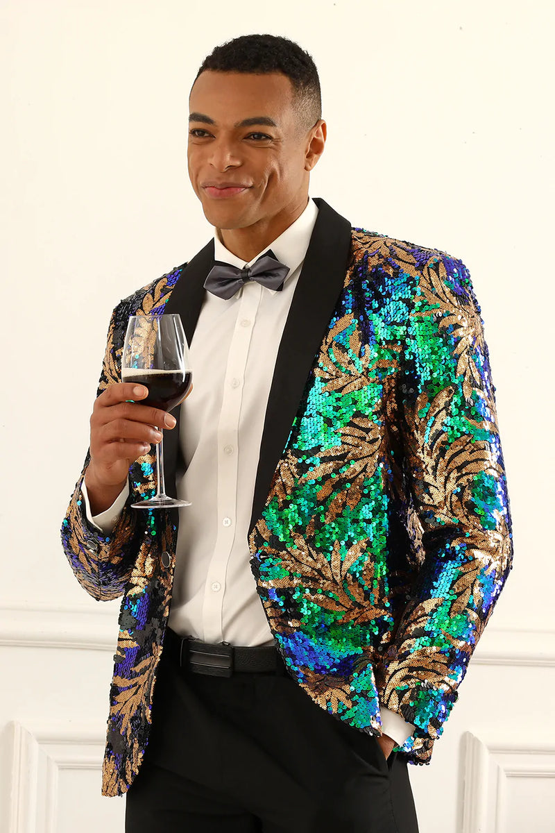 Zapaka Sparkly Dark Green Sequins Men s Prom Blazer Shawl Lapel