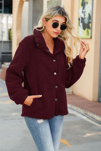 Burgundy Fleece Button Down Coat With Pockets