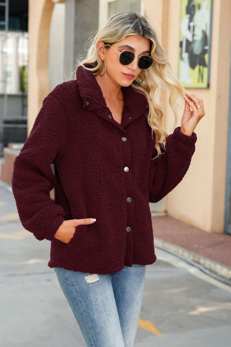 Load image into Gallery viewer, Burgundy Fleece Button Down Coat With Pockets