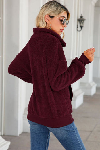 Burgundy Fleece Sweatshirt Jacket with Zip Pockets